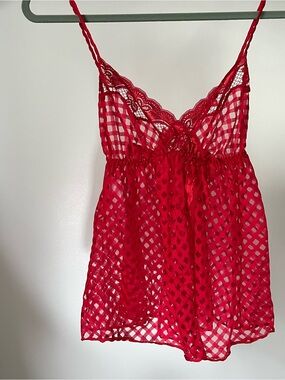 Vintage Vanessa Red Lace & Mesh Babydoll Chemise Size Small